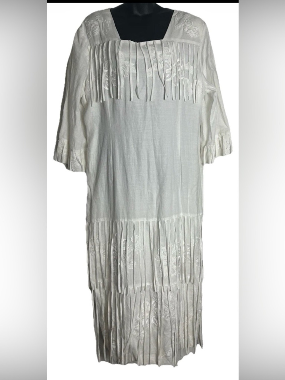 Vintage Donna Vinci fringe embroidered White midi dress size 18